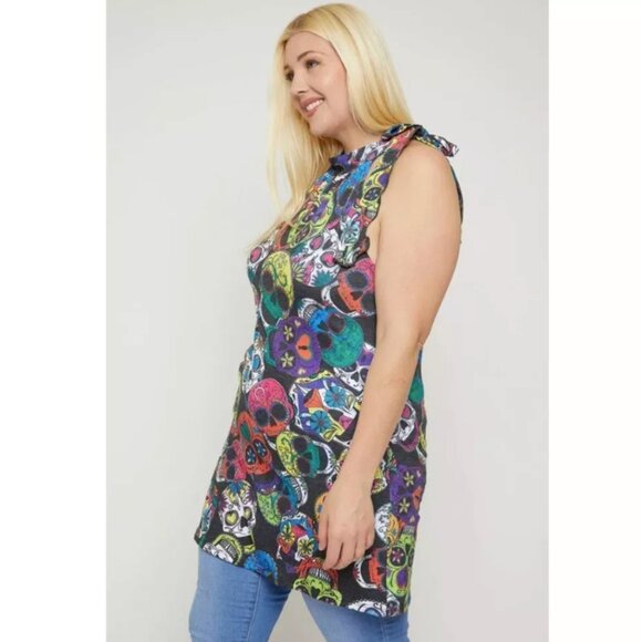 Plus Size Sugar Skull Sublimation Tunic, Halterneck with Tie & Racerback, Multi - Picture 5 of 6